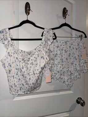 Light Blue Floral Ruffle Tank Top & Skirt/Short Set